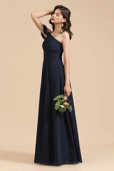 Long A-line Chiffon One Shoulder Bridesmaid Dress Dark Navy Wedding Party Dresses_5