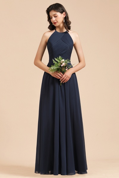 Long A-line Halter Chiffon Bridesmaid Dress Dark Navy Evening Maxi Dress_2