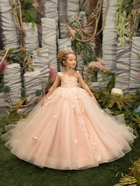 Beautiful Long Ball Gown Tulle Appliques Lace Flower girl dress