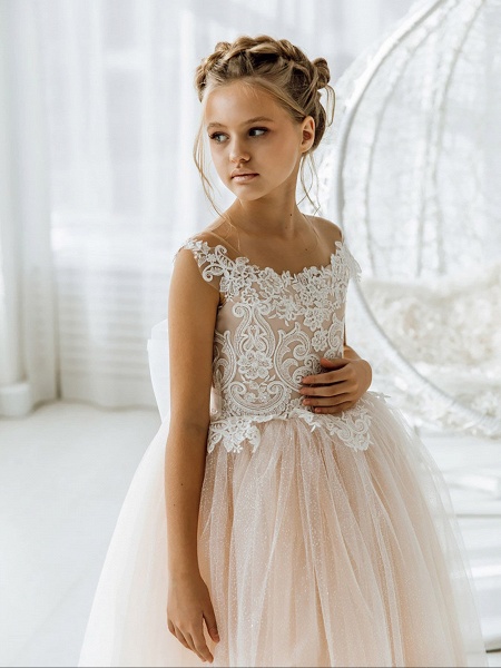 Long Ball Gown Tulle Open Back Boho Flower Girl Dresses with bow_4