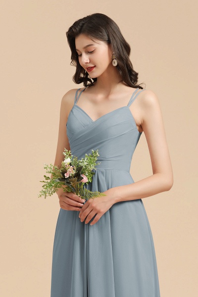 Long A-line V-Neck Chiffon Bridesmaid Dress Dusty Blue Wedding Guest Dress_2