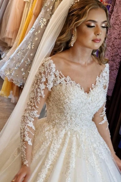 Gorgeous White A-line V-neck Lace Wedding Dress with Long Sleeves_4