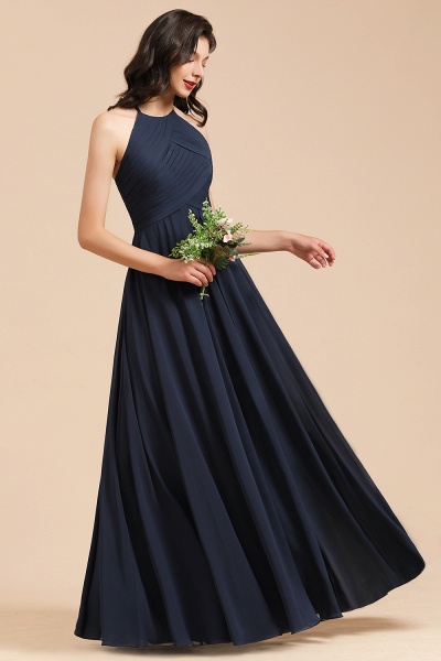 Long A-line Halter Chiffon Bridesmaid Dress Dark Navy Evening Maxi Dress_3