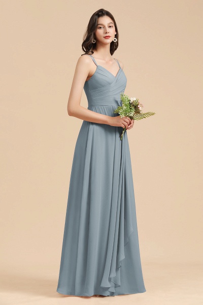 Long A-line V-Neck Chiffon Bridesmaid Dress Dusty Blue Wedding Guest Dress_3