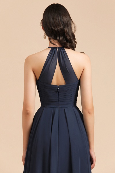 Long A-line Halter Chiffon Bridesmaid Dress Dark Navy Evening Maxi Dress_6