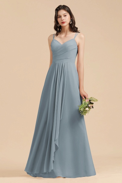 Long A-line V-Neck Chiffon Bridesmaid Dress Dusty Blue Wedding Guest Dress_5