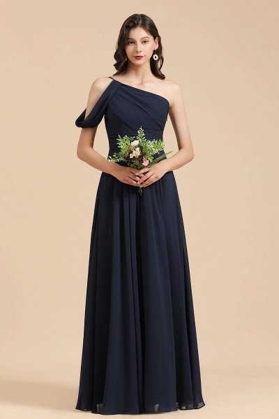 Long A-line Chiffon One Shoulder Bridesmaid Dress Dark Navy Wedding Party Dresses