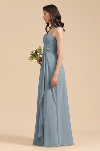 Long A-line V-Neck Chiffon Bridesmaid Dress Dusty Blue Wedding Guest Dress_4