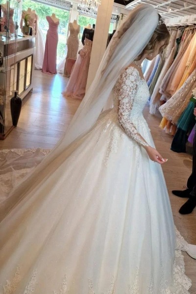 Gorgeous White A-line V-neck Lace Wedding Dress with Long Sleeves_6