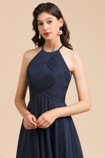 Long A-line Halter Chiffon Bridesmaid Dress Dark Navy Evening Maxi Dress_4