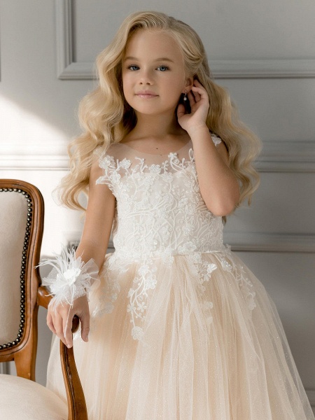 Simple Long A-line Tulle Flower Girl Dresses with Appliques Lace_3