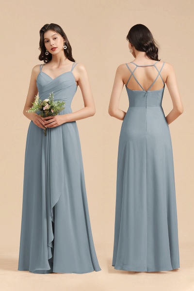 Long A-line V-Neck Chiffon Bridesmaid Dress Dusty Blue Wedding Guest Dress_9