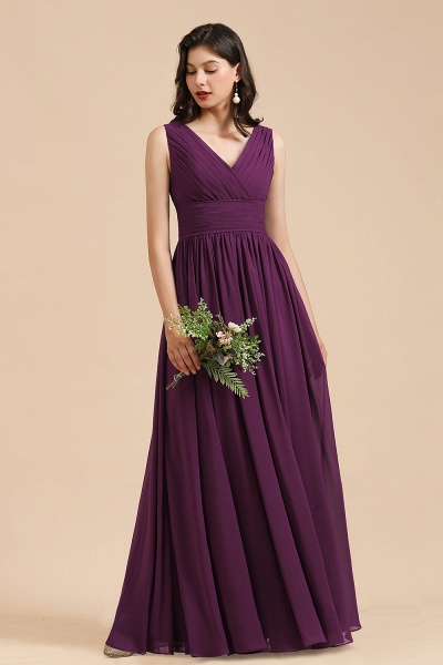 Elegant Long A-line V-neck Ruched Chiffon Bridesmaid Dress_2