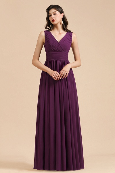 Elegant Long A-line V-neck Ruched Chiffon Bridesmaid Dress_4