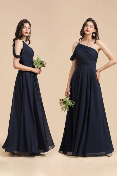 Lange A-Linie Chiffon One-Shoulder-Brautjungfernkleid Dark Navy Kleider für Hochzeitsfeiern_7
