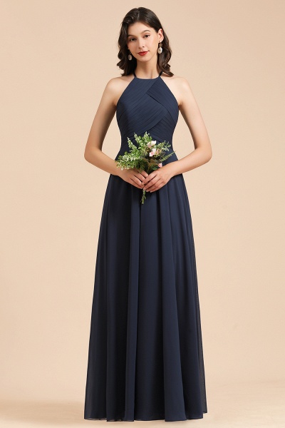 Long A-line Halter Chiffon Bridesmaid Dress Dark Navy Evening Maxi Dress_5