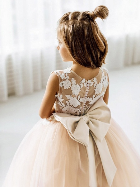 Long Ball Gown Tulle Lace Sleeveless Flower Girl Dress with Bow_4