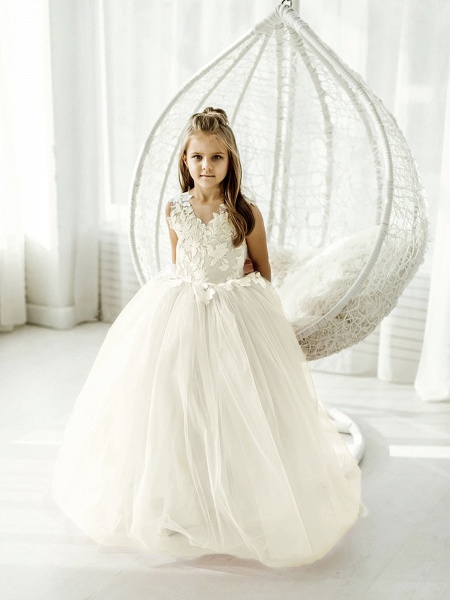 Long Ball Gown Tulle Lace Sleeveless Flower Girl Dress with Bow_9