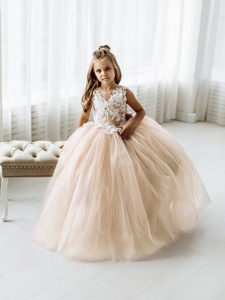Long Ball Gown Tulle Lace Sleeveless Flower Girl Dress with Bow_6