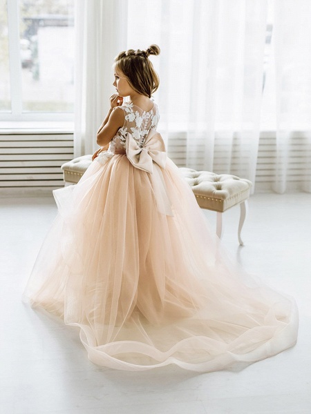 Long Ball Gown Tulle Lace Sleeveless Flower Girl Dress with Bow_2