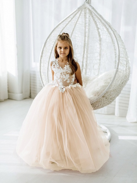 Long Ball Gown Tulle Lace Sleeveless Flower Girl Dress with Bow