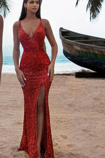 Sexy Glitter Long Mermaid V-Ausschnitt Pailletten Abendkleid mit Schlitz_2