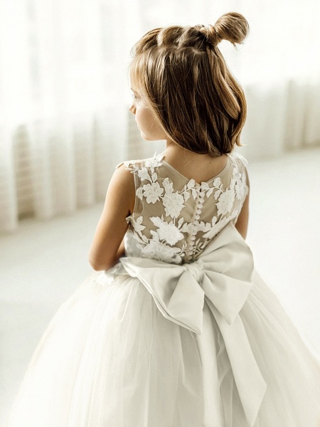 Long Ball Gown Tulle Lace Sleeveless Flower Girl Dress with Bow_12