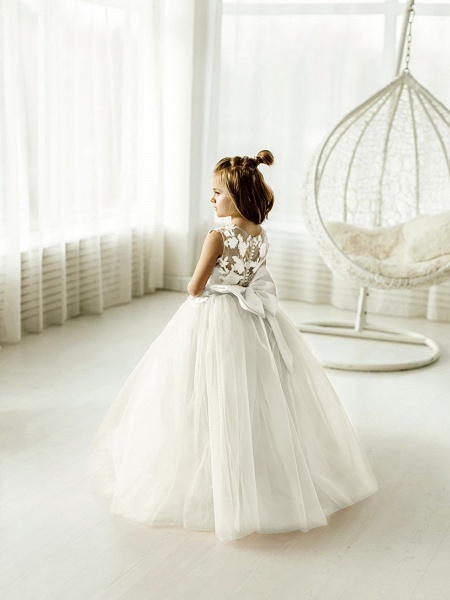 Long Ball Gown Tulle Lace Sleeveless Flower Girl Dress with Bow_11