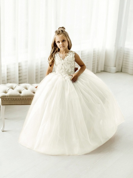 Long Ball Gown Tulle Lace Sleeveless Flower Girl Dress with Bow_8