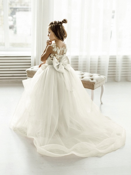 Long Ball Gown Tulle Lace Sleeveless Flower Girl Dress with Bow_1