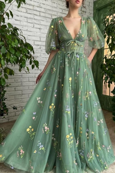 Long A-line V-neck Tulle Floral Formal Prom Dress with Sleeves_1