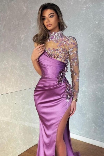 Modern Long Mermaid Satin High Neck Front Slit Prom Dress with Sleeves_1