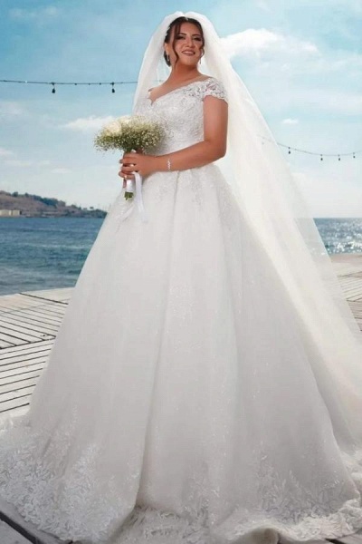 Long A-line Off the Shoulder Tulle Lace Wedding Dress with Cap Sleeves_2