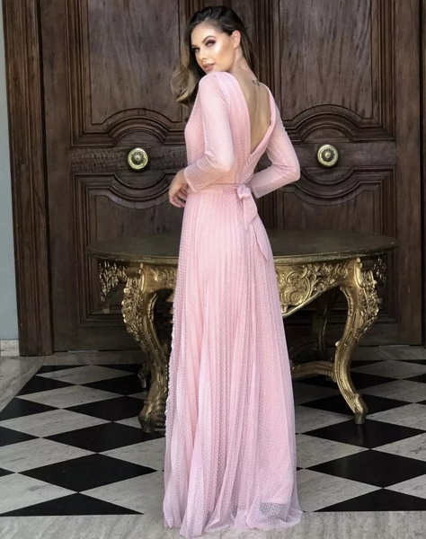 Elegant Long A line V neck Formal Evening Dresses with Sleeves_2