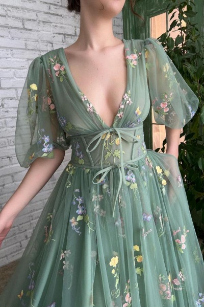 Long A-line V-neck Tulle Floral Formal Prom Dress with Sleeves_5