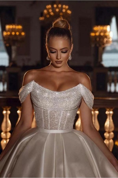 Luxurious Long Ball Gown Off The Shoulder Sparkly Sequins Satin Wedding Dress_2