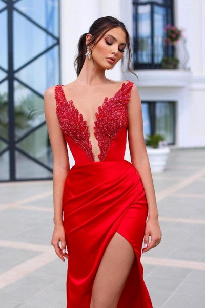 Unique Long Mermaid Red V-neck Satin Front Slit Prom Dress with Beads_2