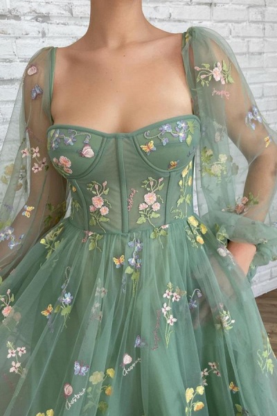 Romantic Short A-line Sweetheart Flowers Prom Dresses with Sleeves_2