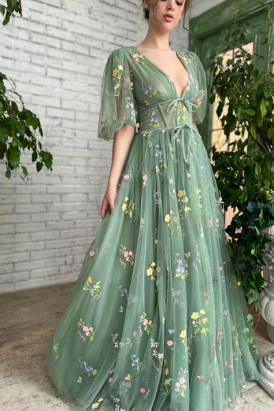 Long A-line V-neck Tulle Floral Formal Prom Dress with Sleeves_2