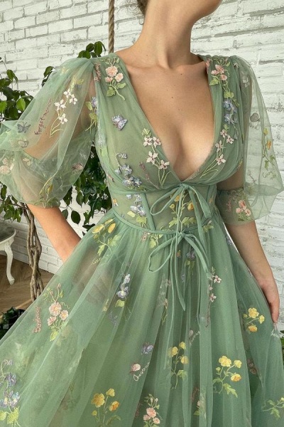 Chic Short A-line V-neck Tulle Flower Formal Prom Dress with Half Sleeves_2