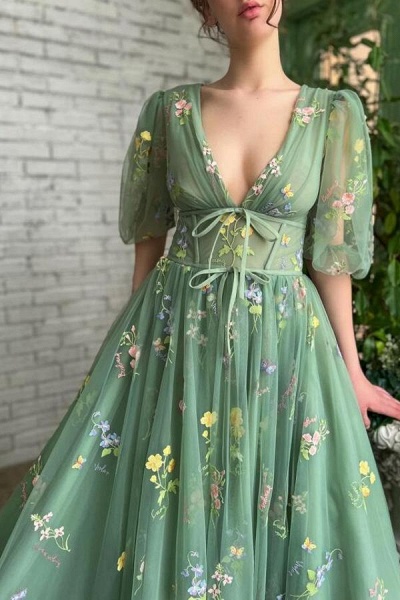 Long A-line V-neck Tulle Floral Formal Prom Dress with Sleeves_4