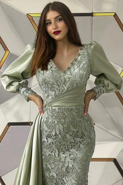 Long Sleeves Mermaid V-neck Lace Satin Prom Dress with Half Train_2
