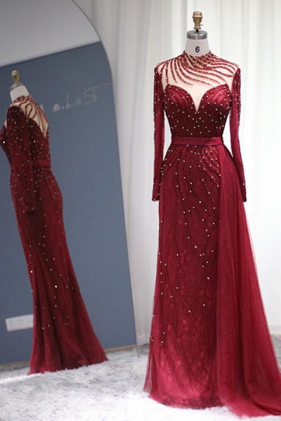 Burgundy Long Mermaid Tulle Lace Beads Formal Evening Dresses with Sleeves_1