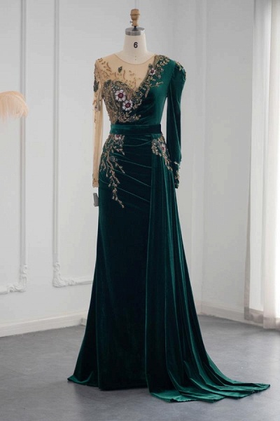 Dark Green Long Mermaid Velvet Tulle Prom Dresses with Sleeves_1