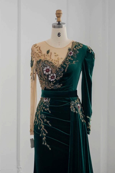 Dark Green Long Mermaid Velvet Tulle Prom Dresses with Sleeves_2
