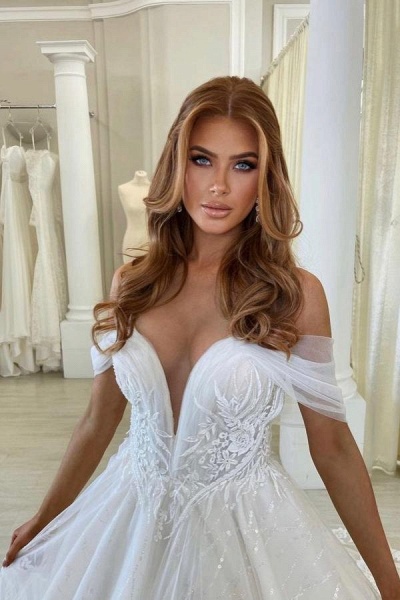 Elegant White Long A-line Off the Shoulder Tulle Lace Wedding Dress_2