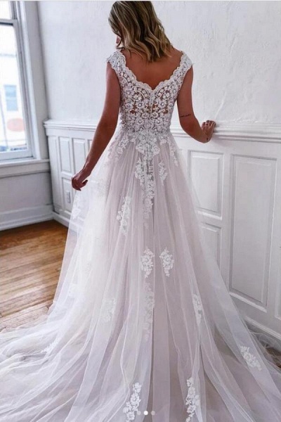 Elegant Long A-line V-neck Sleeveless Tulle Lace Wedding Dress_2