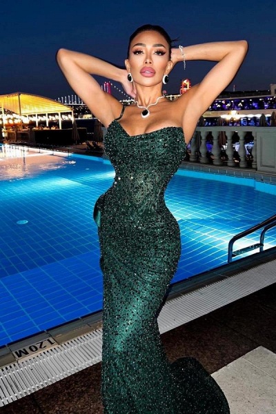 Dark Green Sparkly Long Mermaid Sweetheart Sequins Prom Dresses with Slit_3