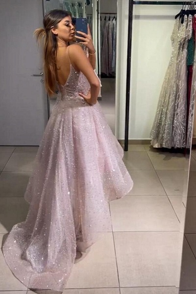 Beautiful High Low A-line Glitter V-neck Sequined Backless Prom Dress_3