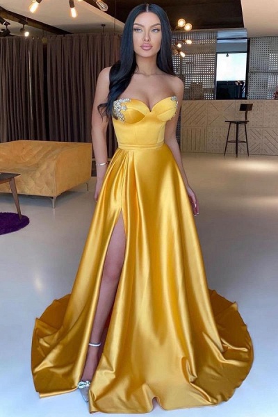 Charming Long A-line Sweetheart Satin Formal Prom Dress with Slit_1